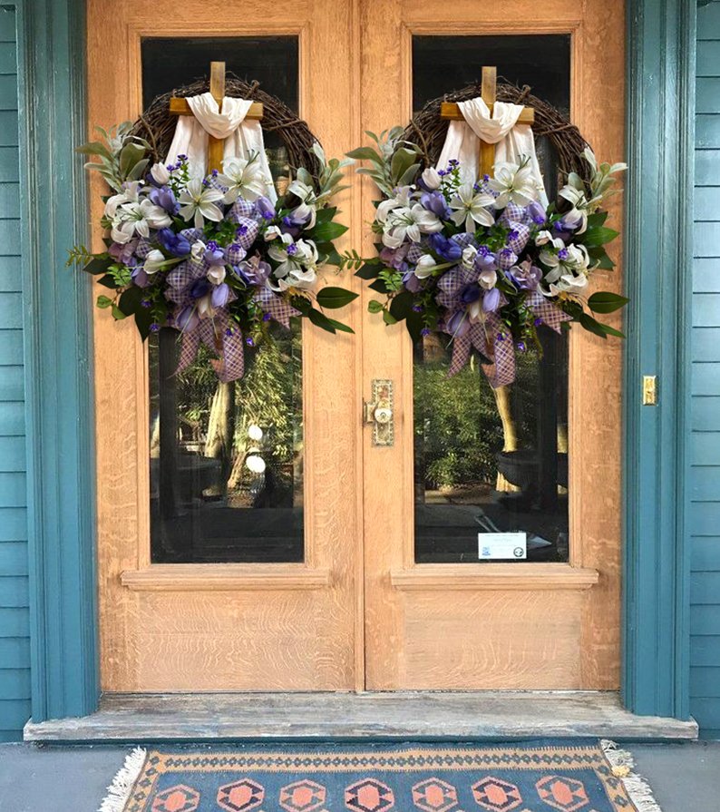 Easter Wreath with Cross for Front Door|Religious Easter Spring Wreath💖