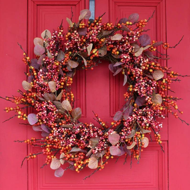 Fall Harvest Berry Explosion & Autumn Silver Dollar Eucalyptus Front Door Wreath