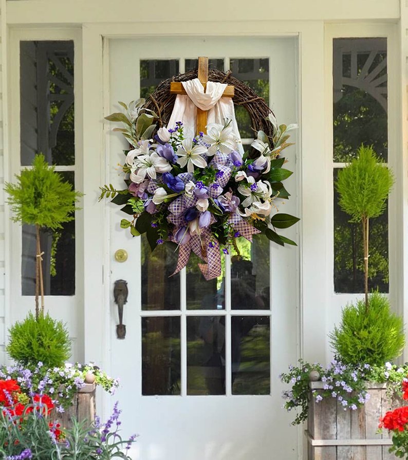 Easter Wreath with Cross for Front Door|Religious Easter Spring Wreath💖