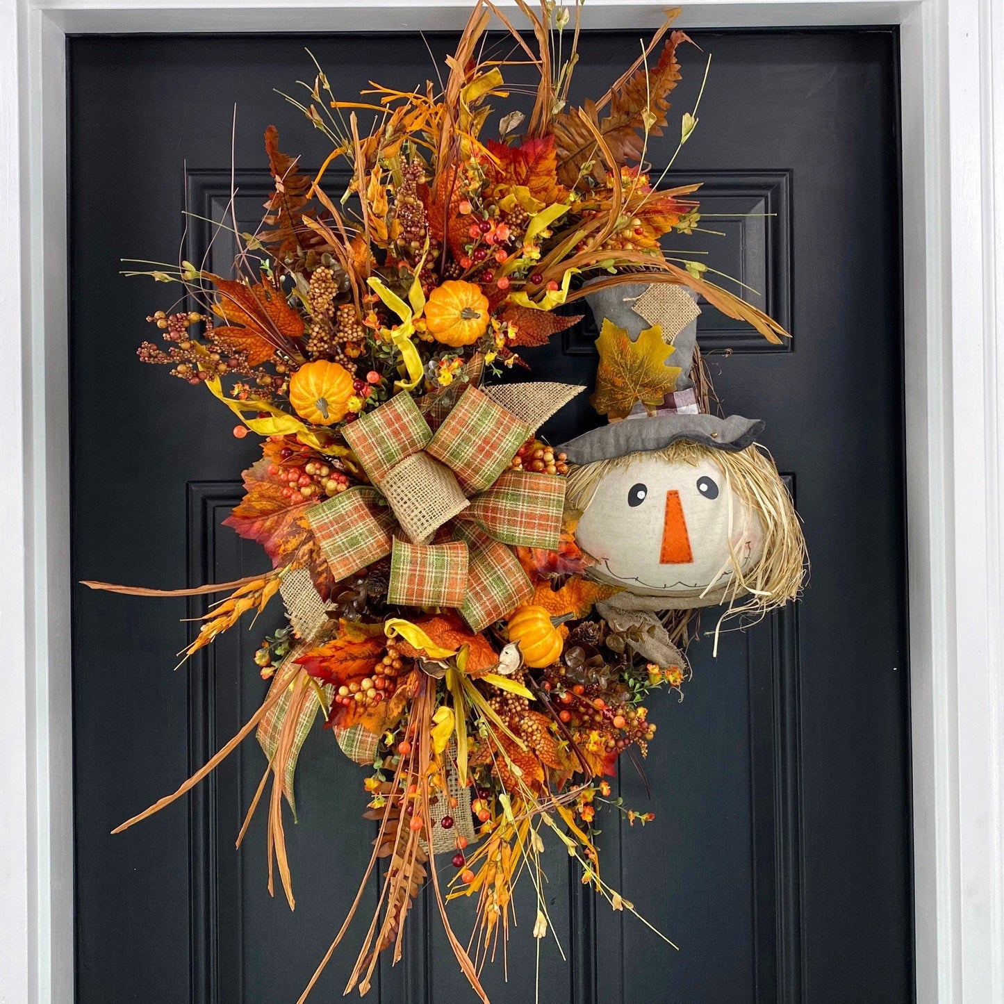 Scarecrow Fall Wreath for Front Door, Scarecrow Door Hanger, Fall Door Decor