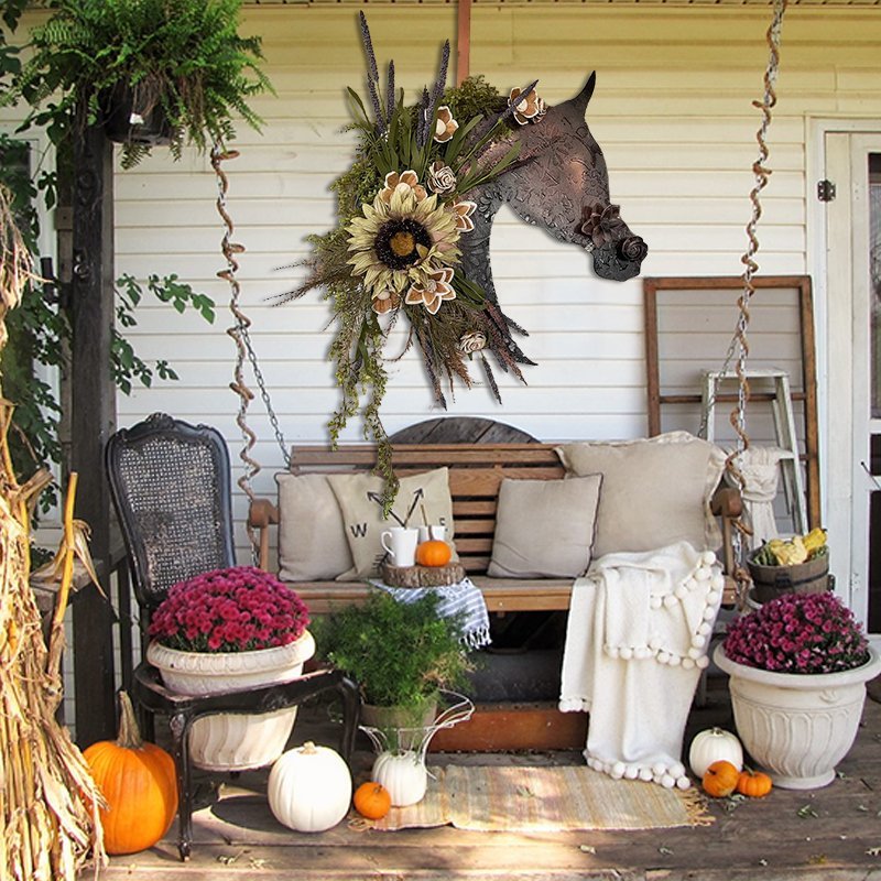 Autumn equestrian wooden flower door hanger- Entry Way Wall Hanger