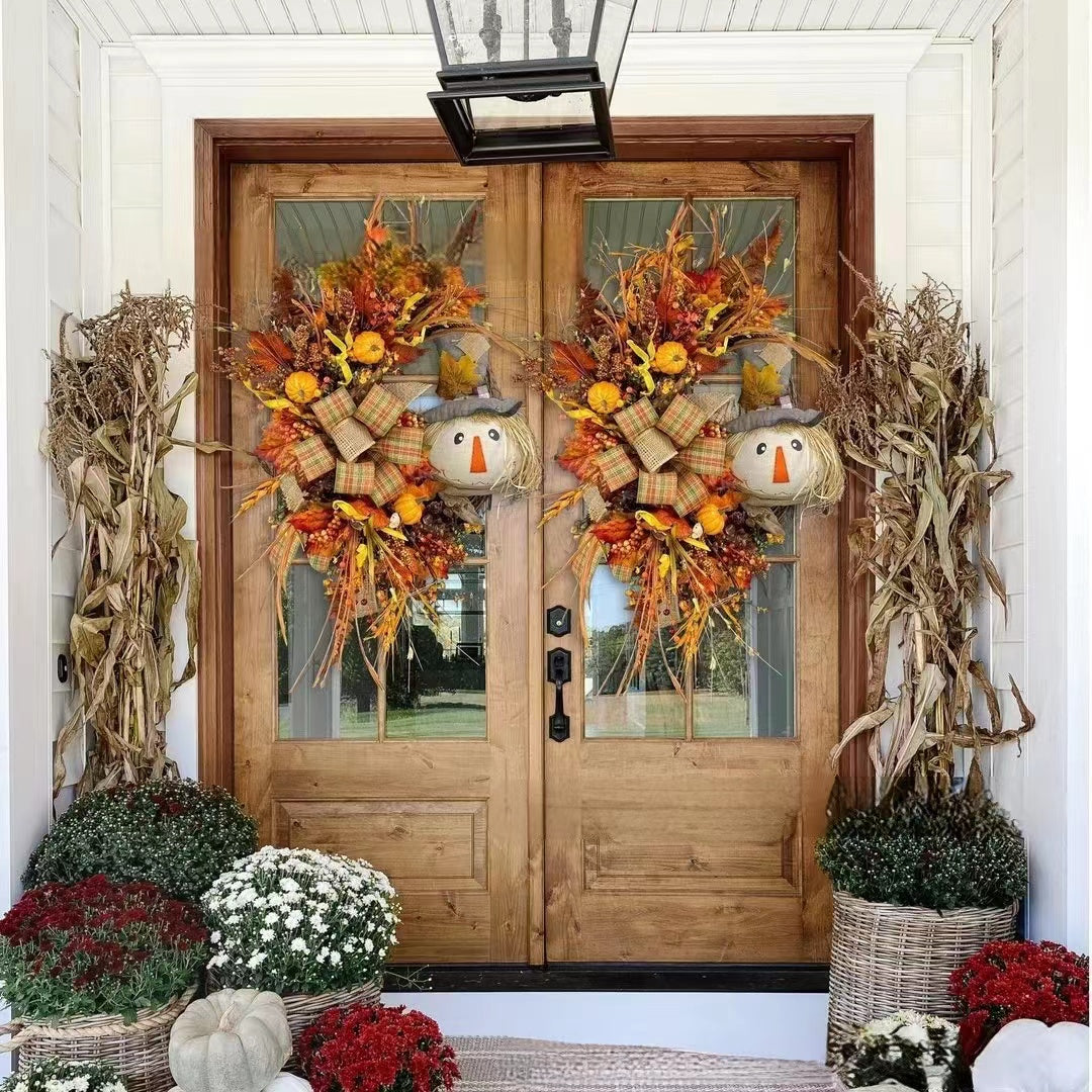 Scarecrow Fall Wreath for Front Door, Scarecrow Door Hanger, Fall Door Decor