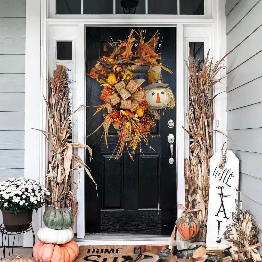 Scarecrow Fall Wreath for Front Door, Scarecrow Door Hanger, Fall Door Decor