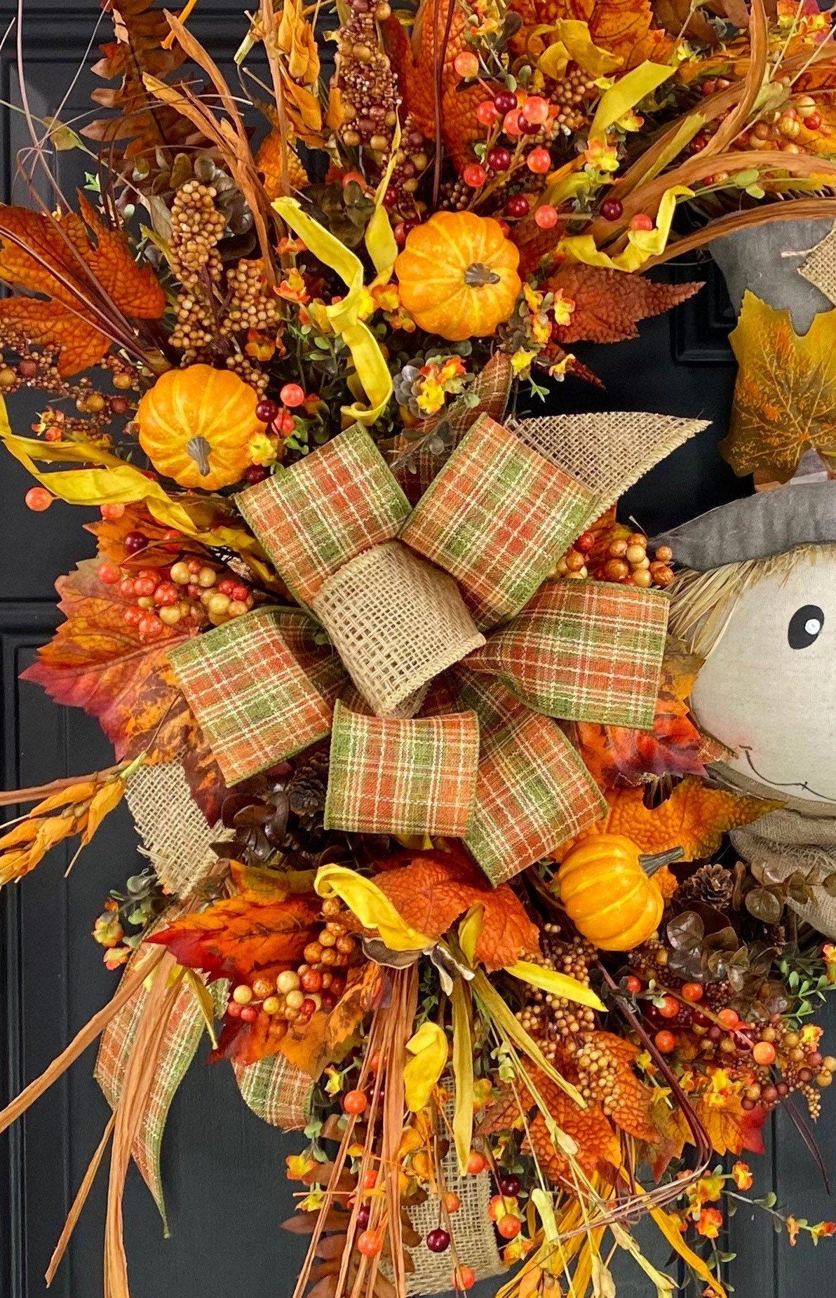 Scarecrow Fall Wreath for Front Door, Scarecrow Door Hanger, Fall Door Decor