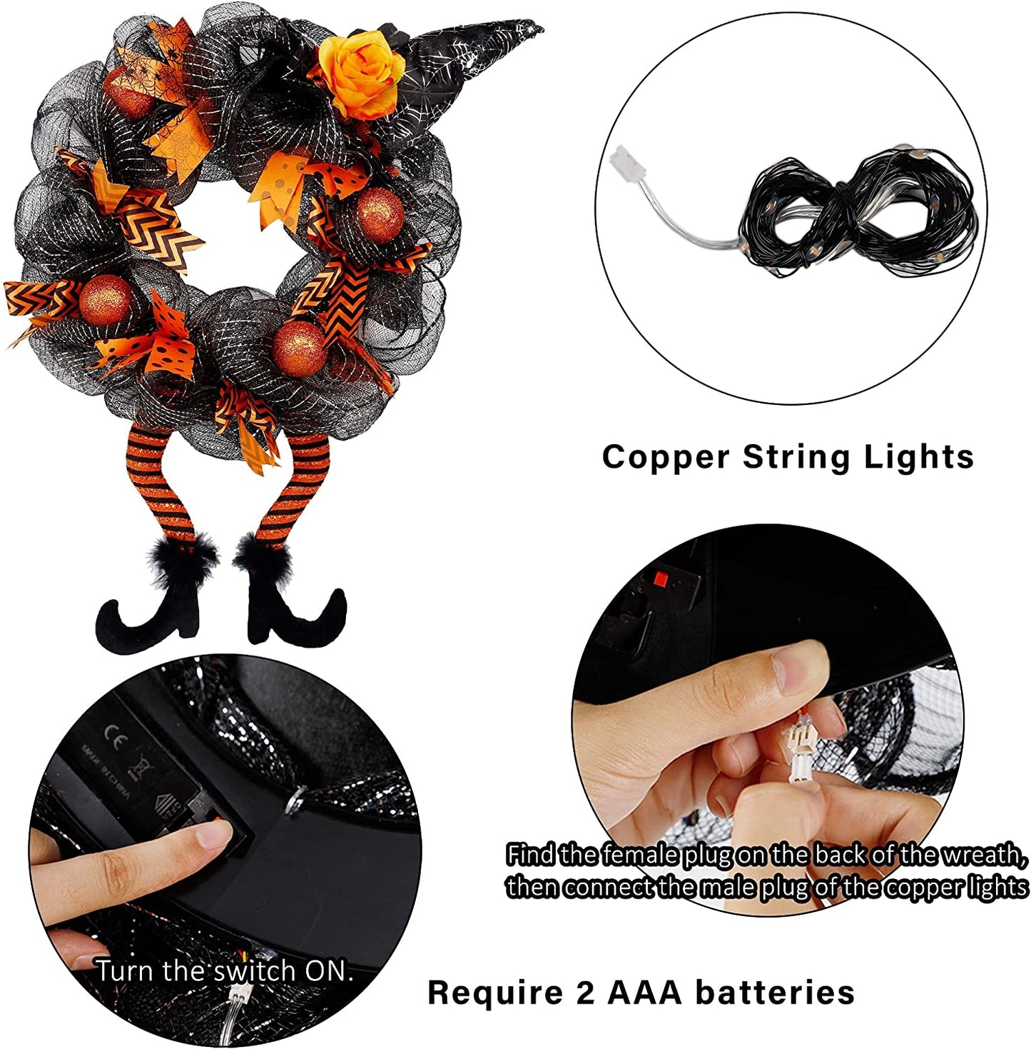 Halloween Decorations Witch Hat and Legs Wreath, Lighted with 30 LED Orange Lights, Front Door Wall Light up Wreath