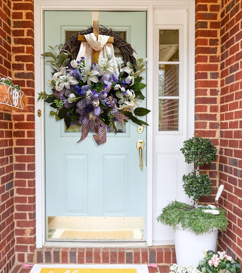 Easter Wreath with Cross for Front Door|Religious Easter Spring Wreath💖
