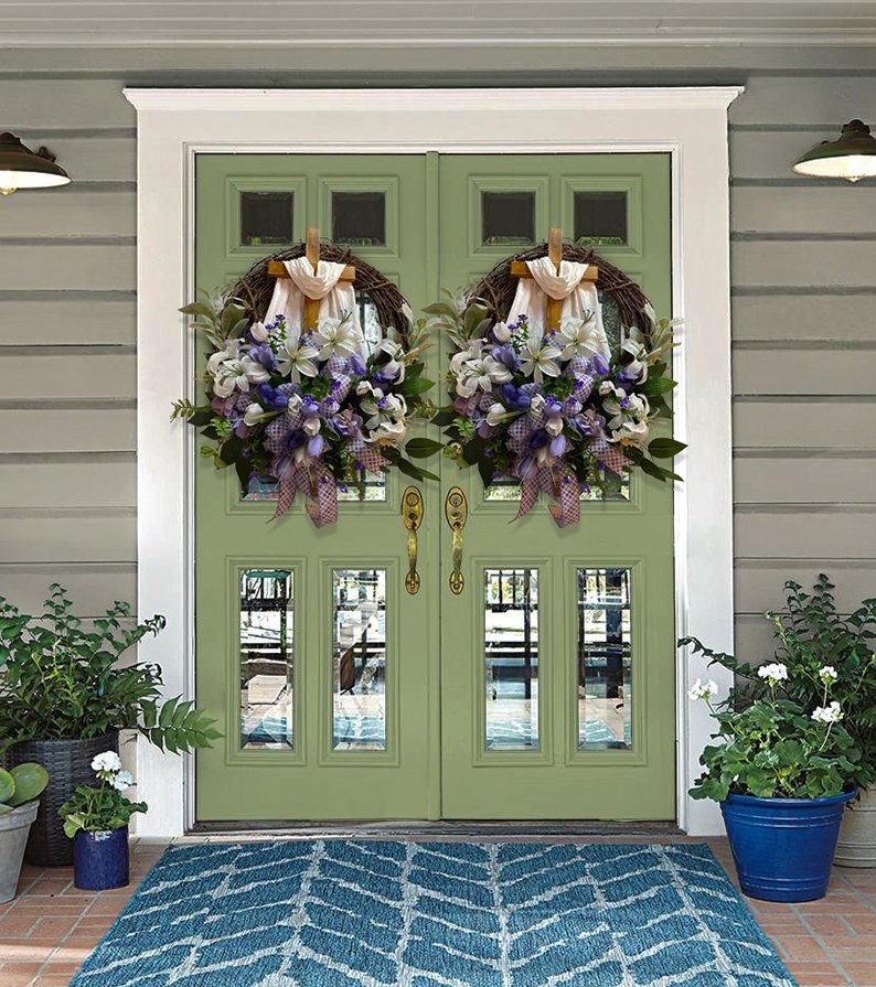 Easter Wreath with Cross for Front Door|Religious Easter Spring Wreath💖