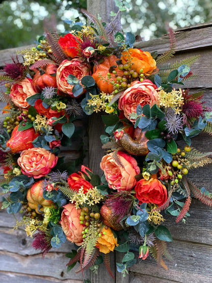 Fall Peony and Pumpkin Wreath