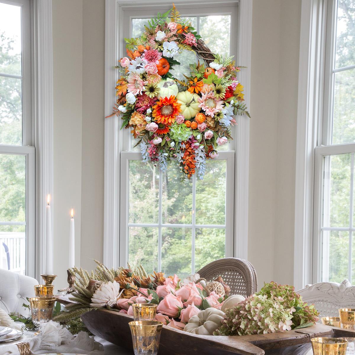 🍁Extra Large Brighter Side of Autumn Sunflower and Pumpkin Wreath, Pink & Orange Fall Floral