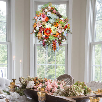 🍁Extra Large Brighter Side of Autumn Sunflower and Pumpkin Wreath, Pink & Orange Fall Floral