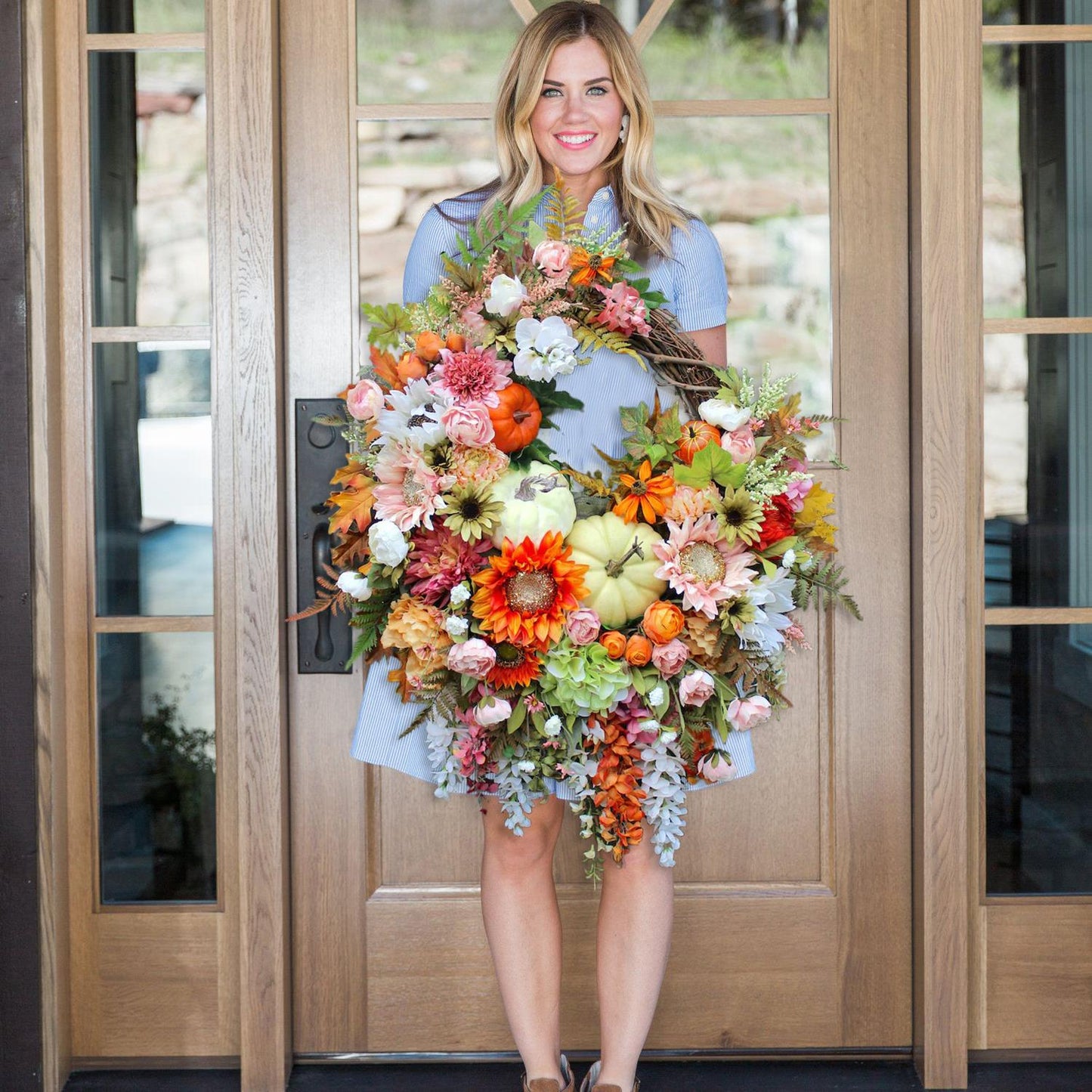 🍁Extra Large Brighter Side of Autumn Sunflower and Pumpkin Wreath, Pink & Orange Fall Floral