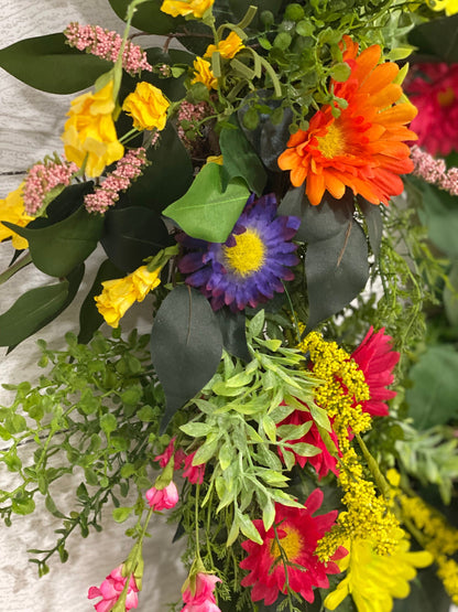 Colorful Spring Wildflower Front Door Wreath, Pink and Yellow Daisy Summer Wreath, Country Cottage Wreath, Unique Gift for Mom
