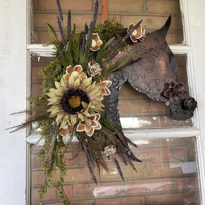 Autumn equestrian wooden flower door hanger- Entry Way Wall Hanger