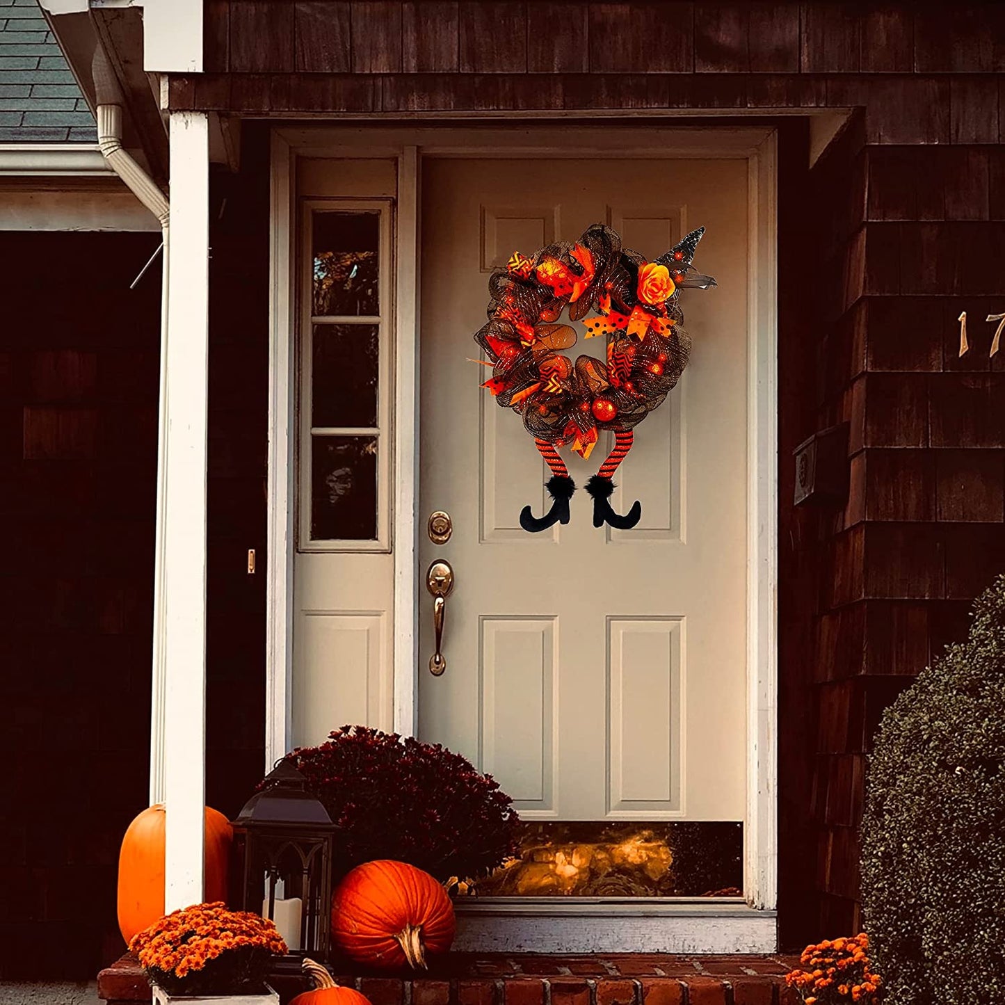 Halloween Decorations Witch Hat and Legs Wreath, Lighted with 30 LED Orange Lights, Front Door Wall Light up Wreath