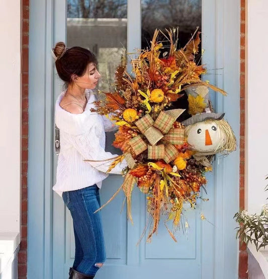 Scarecrow Fall Wreath for Front Door,  Scarecrow Door Hanger, Fall Door Decor