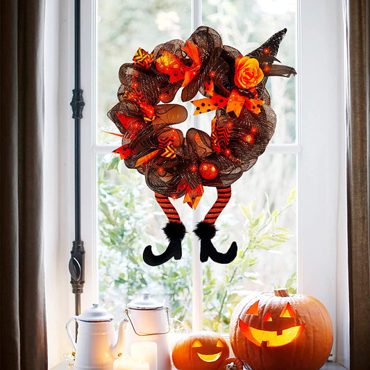 Halloween Decorations Witch Hat and Legs Wreath, Lighted with 30 LED Orange Lights, Front Door Wall Light up Wreath