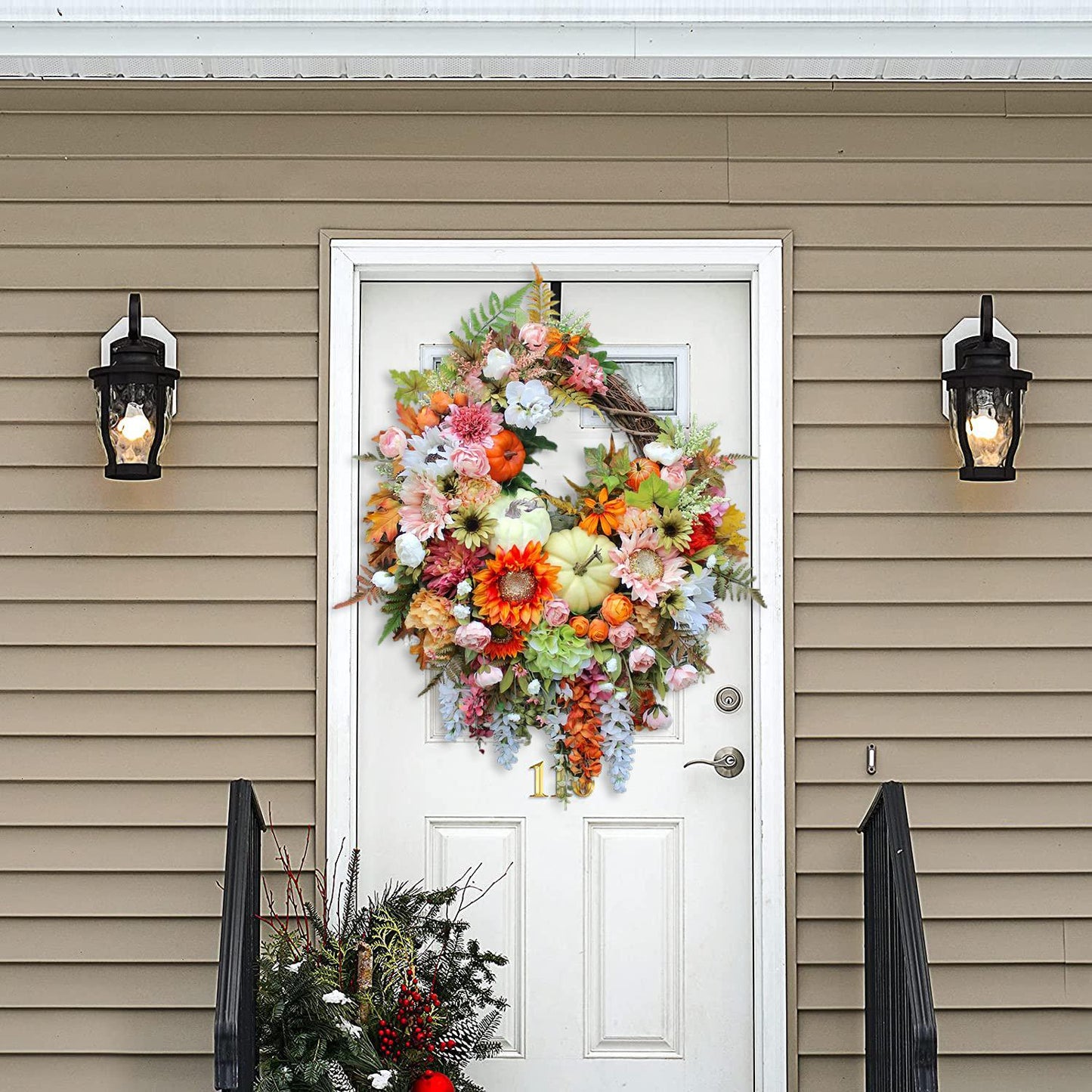 🍁Extra Large Brighter Side of Autumn Sunflower and Pumpkin Wreath, Pink & Orange Fall Floral