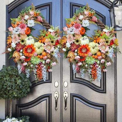 🍁Extra Large Brighter Side of Autumn Sunflower and Pumpkin Wreath, Pink & Orange Fall Floral