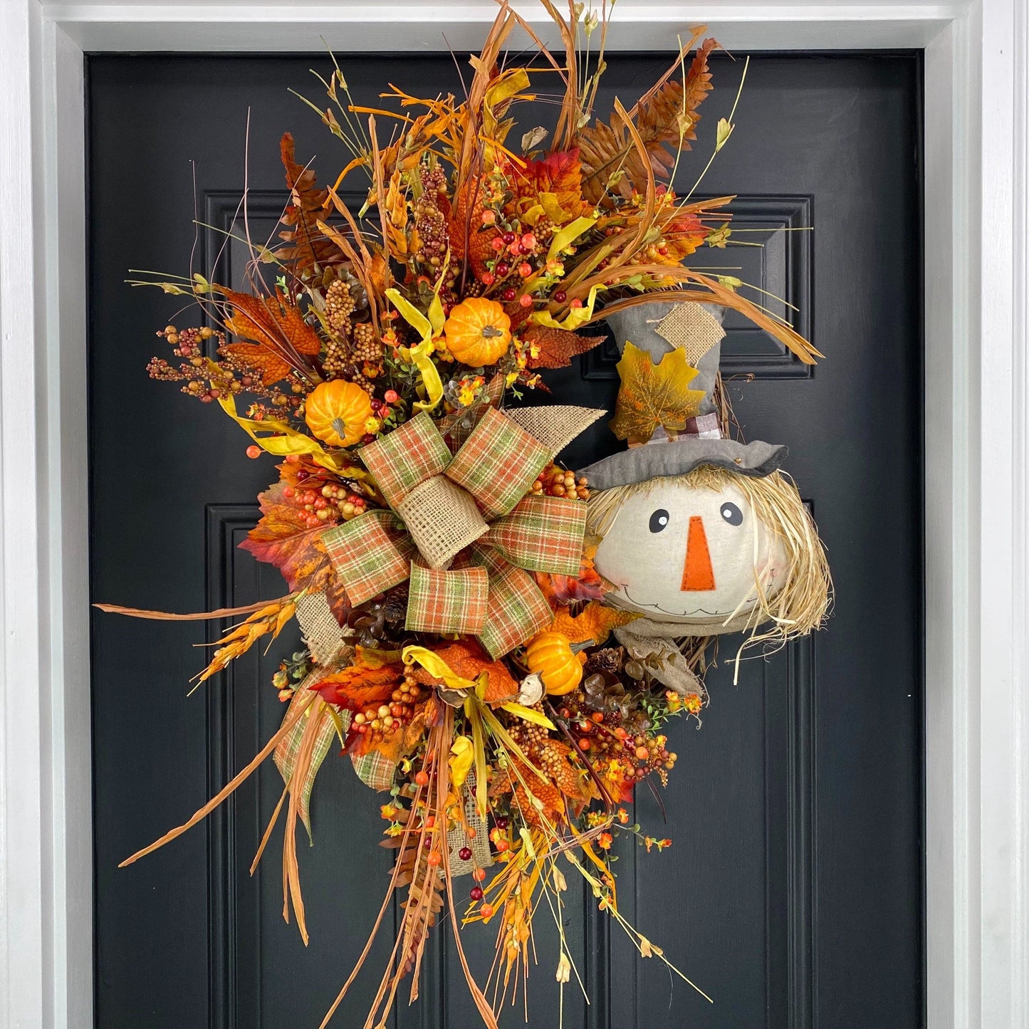 Scarecrow Fall Wreath for Front Door,  Scarecrow Door Hanger, Fall Door Decor