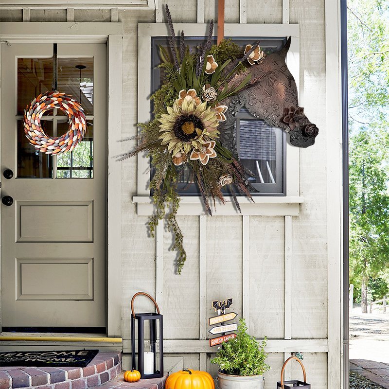 Autumn equestrian wooden flower door hanger- Entry Way Wall Hanger