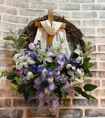Easter Wreath with Cross for Front Door|Religious Easter Spring Wreath💖
