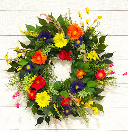 Colorful Spring Wildflower Front Door Wreath, Pink and Yellow Daisy Summer Wreath, Country Cottage Wreath, Unique Gift for Mom
