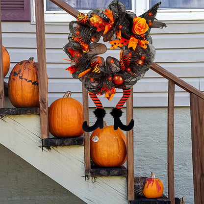 Halloween Decorations Witch Hat and Legs Wreath, Lighted with 30 LED Orange Lights, Front Door Wall Light up Wreath