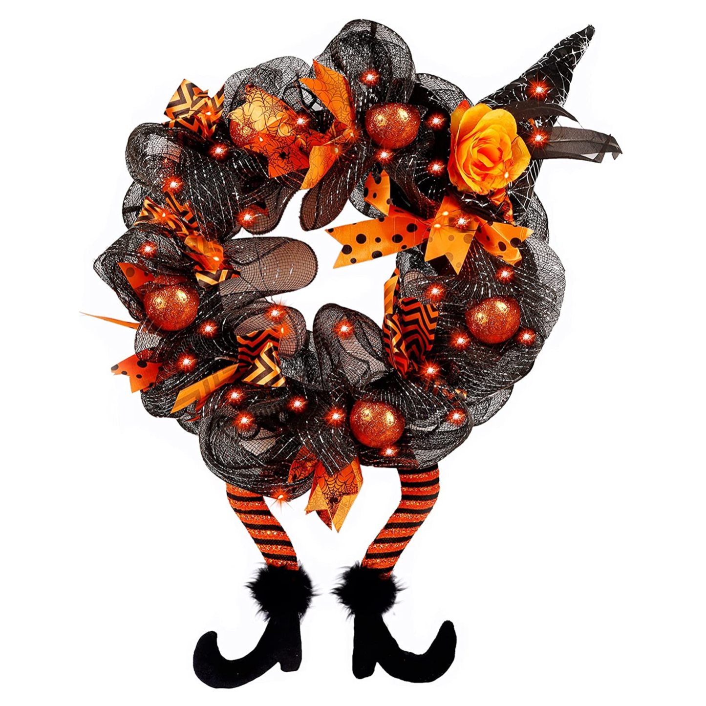 Halloween Decorations Witch Hat and Legs Wreath, Lighted with 30 LED Orange Lights, Front Door Wall Light up Wreath