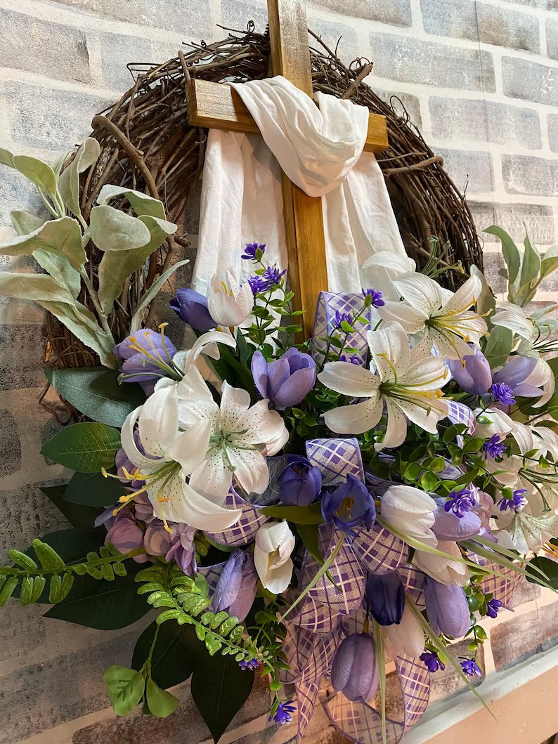 Easter Wreath with Cross for Front Door|Religious Easter Spring Wreath💖