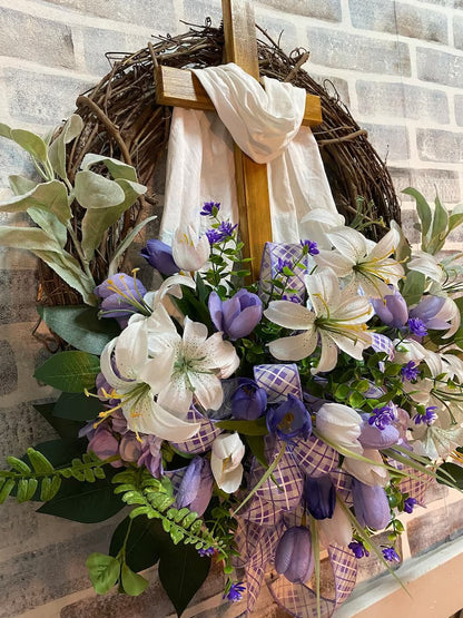 Easter Wreath with Cross for Front Door|Religious Easter Spring Wreath💖