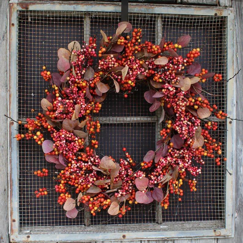 Fall Harvest Berry Explosion & Autumn Silver Dollar Eucalyptus Front Door Wreath