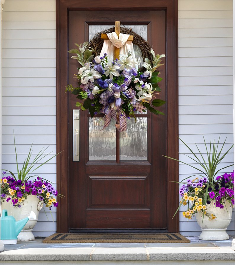 Easter Wreath with Cross for Front Door|Religious Easter Spring Wreath💖