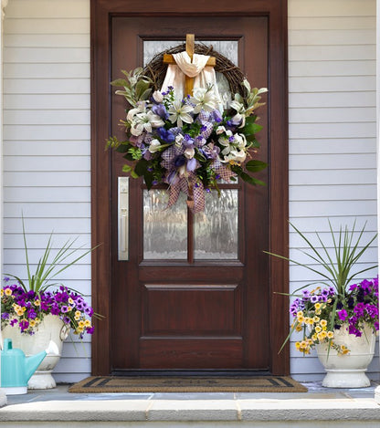 Easter Wreath with Cross for Front Door|Religious Easter Spring Wreath💖