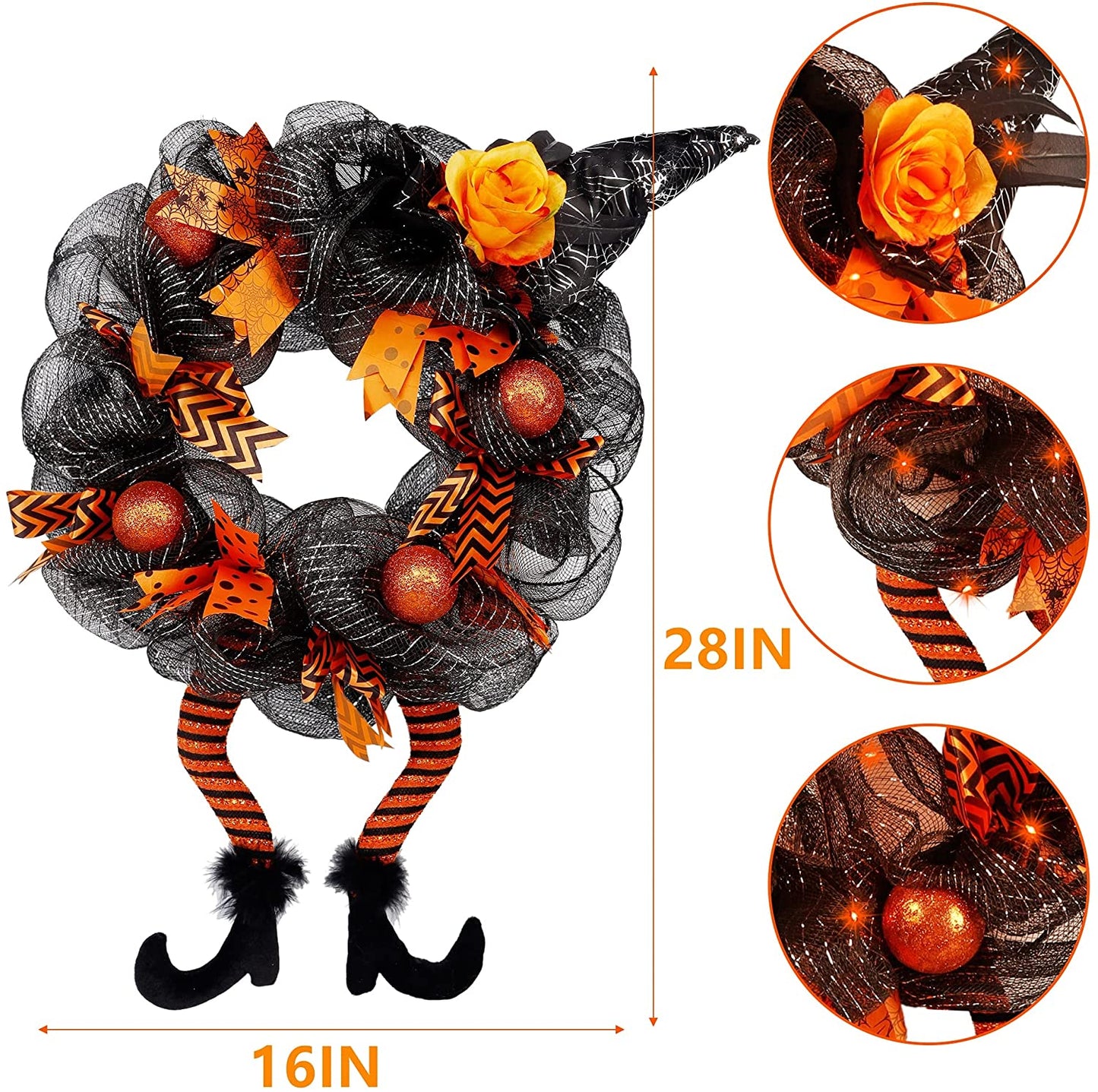 Halloween Decorations Witch Hat and Legs Wreath, Lighted with 30 LED Orange Lights, Front Door Wall Light up Wreath