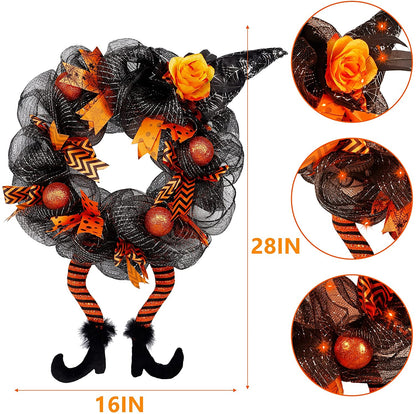 Halloween Decorations Witch Hat and Legs Wreath, Lighted with 30 LED Orange Lights, Front Door Wall Light up Wreath