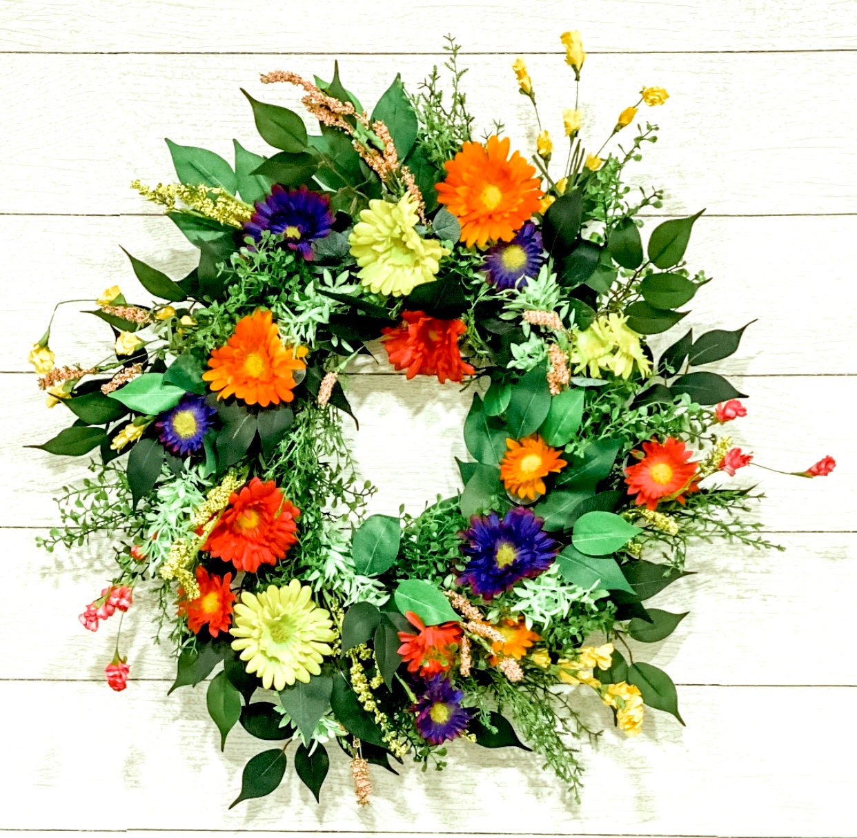 Colorful Spring Wildflower Front Door Wreath, Pink and Yellow Daisy Summer Wreath, Country Cottage Wreath, Unique Gift for Mom