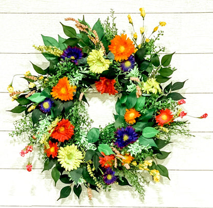 Colorful Spring Wildflower Front Door Wreath, Pink and Yellow Daisy Summer Wreath, Country Cottage Wreath, Unique Gift for Mom